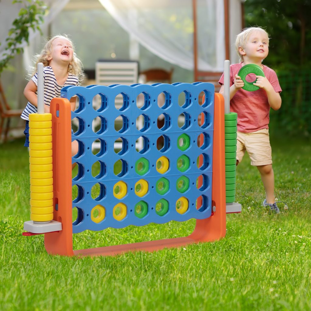 Kids are playing with jumbo 4 to score.